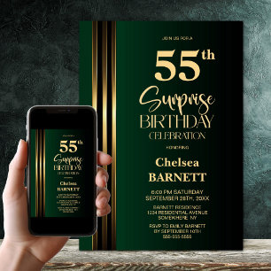 Invitación Cumpleaños Sorpresa 55 Verde Negro con Rayas Dorad
