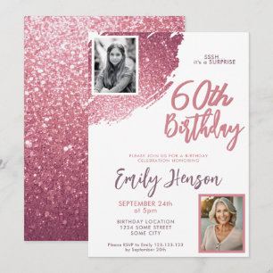 Invitación Cumpleaños Sorpresa 60 con Brillo Rosa 2 Fotos