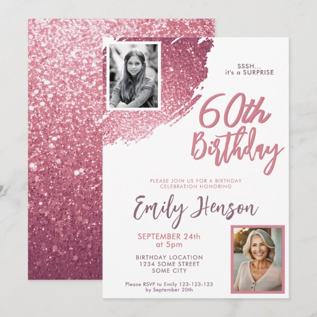 Invitación Cumpleaños Sorpresa 60 con Brillo Rosa 2 Fotos (Anverso / Reverso)