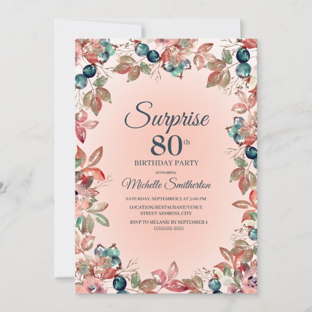 Invitación Cumpleaños Sorpresa 80 Mujeres Rosa Floral Teal (Anverso)