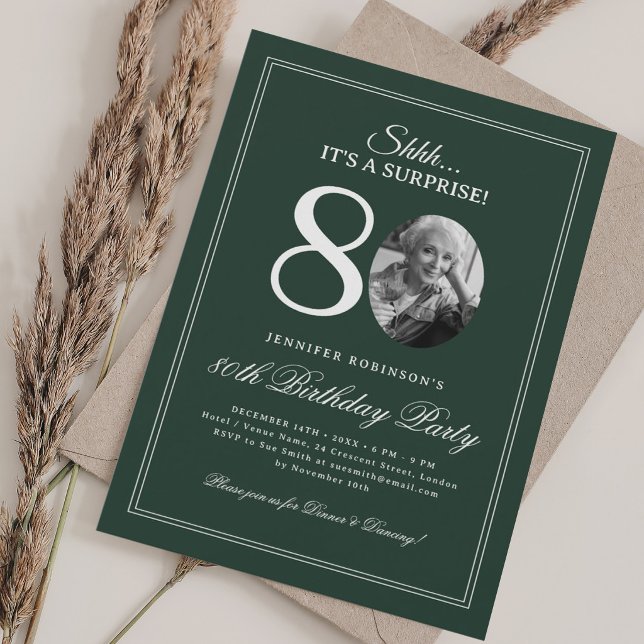 Invitación Cumpleaños sorpresa 80 verde (Green | Surprise 80th Birthday Party Invitation)