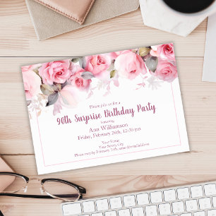 Invitación Cumpleaños sorpresa 90 años Rosa Floral Acuarela R