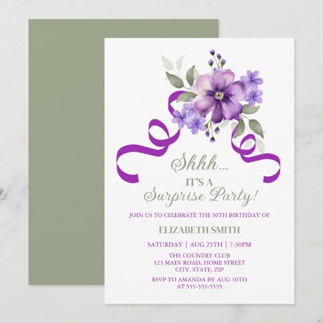 Invitación Cumpleaños Sorpresa Botánico Floral Violeta Chic (Anverso / Reverso)