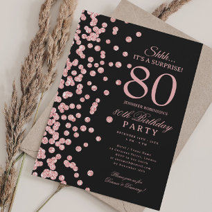 Invitación Cumpleaños sorpresa de 80 años en negro con brillo