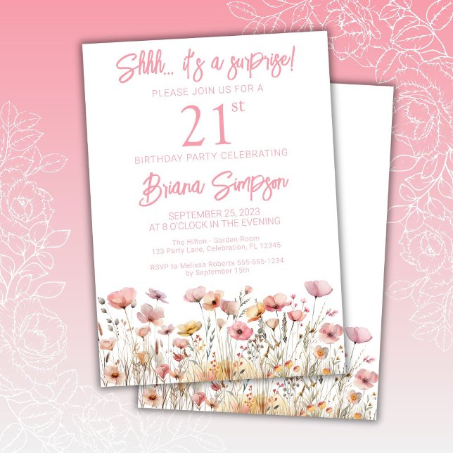 Invitación Cumpleaños Sorpresa de Flores Silvestres Rosadas 2 (Subido por el creador)