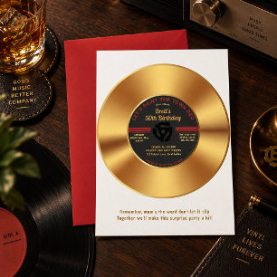 Invitación Cumpleaños Sorpresa Disco de Vinilo Dorado Vintage