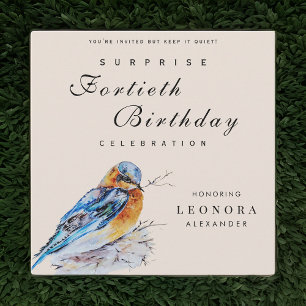 Invitación Cumpleaños Sorpresa Elegante Pájaro Azul Acuarela
