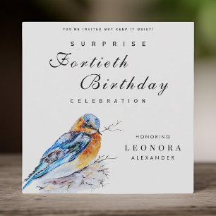 Invitación Cumpleaños Sorpresa Elegante Pájaro Azul Acuarela