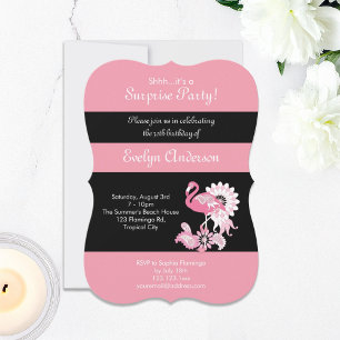 Invitación Cumpleaños Sorpresa Flamenco Rosa Negro Moderno