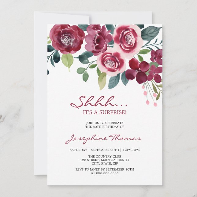 Invitación Cumpleaños Sorpresa Floral Rosa Magenta (Anverso)
