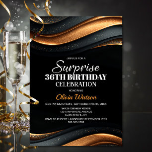 Invitación Cumpleaños Sorpresa Negro y Naranja para Cualquier