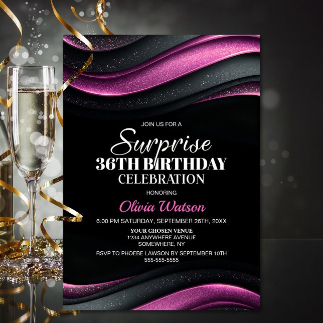 Invitación Cumpleaños Sorpresa Negro y Rosa para Cualquier Ed (Subido por el creador)