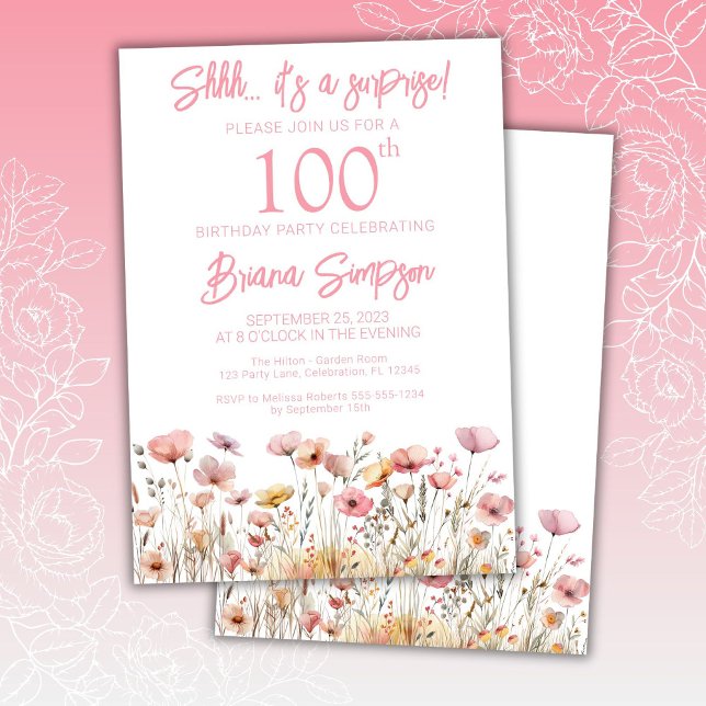 Invitación Cumpleaños sorpresa número 100 con flores silvestr (Subido por el creador)
