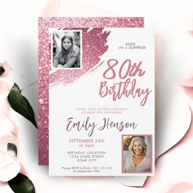 Invitación Cumpleaños sorpresa número 80 con Glitter Rosa 2 F (Subido por el creador)