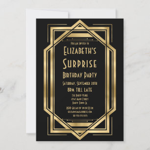 Invitación Cumpleaños sorpresa Roaring 20s Art Deco negro oro
