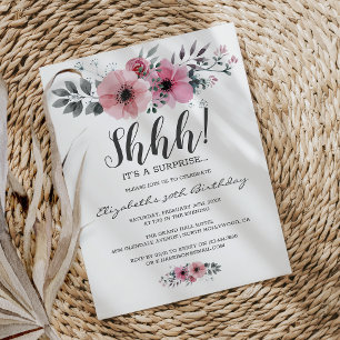 Invitación Cumpleaños sorpresa Shhh con acuarela floral rosa 