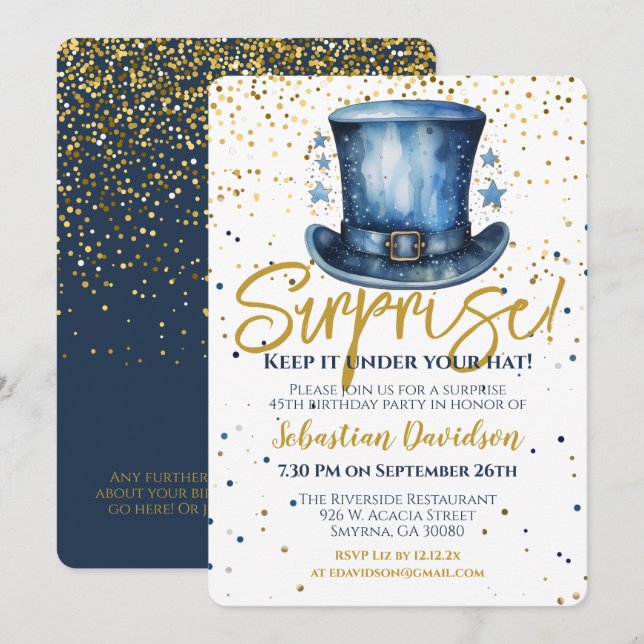 Invitación Cumpleaños Sorpresivo Manténgalo Bajo Su Gorra (Anverso / Reverso)