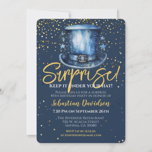 Invitación Cumpleaños Sorpresivo Manténgalo Bajo Su Gorra (Anverso)