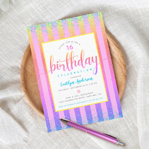 Invitación Cumpleaños Sweet 16 arcoíris ombre brillo letra