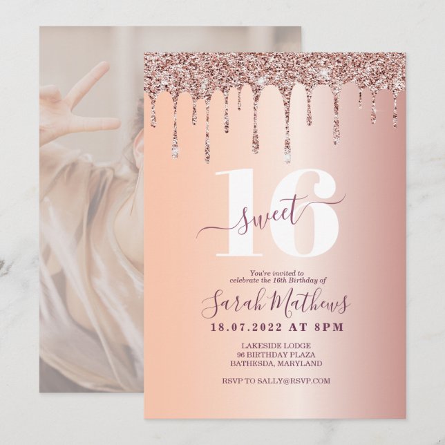 Invitación Cumpleaños Sweet 16 Brillo en gotas Rosa Dorado  (Anverso / Reverso)
