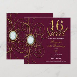 Invitación Cumpleaños Sweet 16 Burgundy Granate Oro Diamante