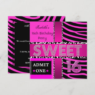 Invitación Cumpleaños Sweet 16 Cebra Vaca Rosa Negro