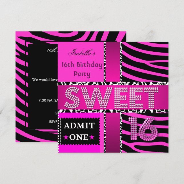 Invitación Cumpleaños Sweet 16 Cebra Vaca Rosa Negro (Anverso / Reverso)