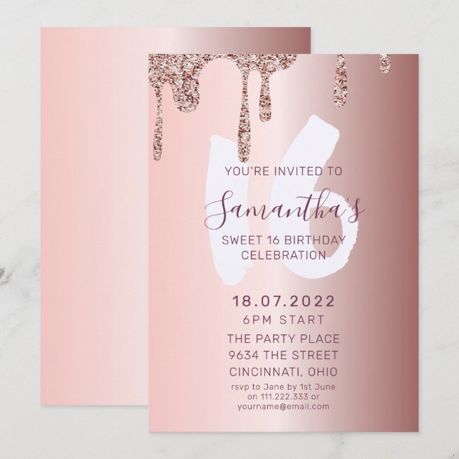 Invitación Cumpleaños Sweet 16 con Brillo de Oro Rosa (Anverso / Reverso)
