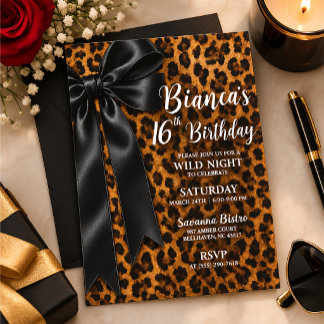 Invitación Cumpleaños Sweet 16 con estampado de leopardo y ne