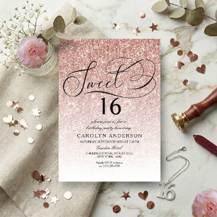 Invitación Cumpleaños Sweet 16 con Glitter de Oro Rosa y Letr