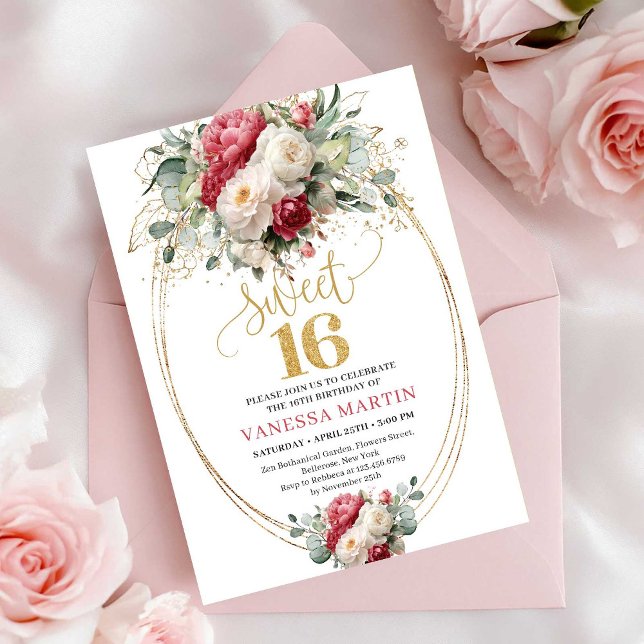 Invitación Cumpleaños Sweet 16 de Blush Blanco Elegante con V (Elegant Blush White Greenery Sweet 16 Birthday Invite)