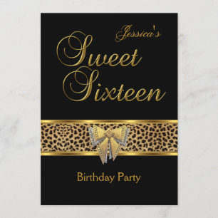 Invitación Cumpleaños Sweet 16 Dorado Leopardo Negro lazo