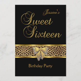 Invitación Cumpleaños Sweet 16 Dorado Leopardo Negro lazo
