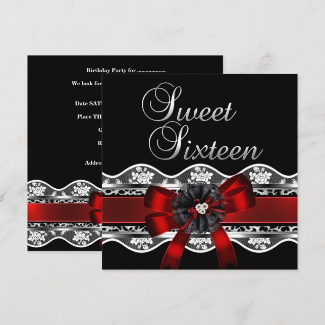 Invitación Cumpleaños Sweet 16 Encaje Rojo Leopardo Negro Pla (Anverso / Reverso)