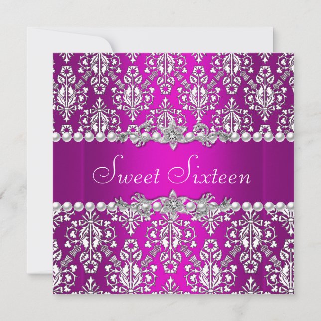 Invitación Cumpleaños Sweet 16 Lace Morado Rosa Plateado Blan (Anverso)