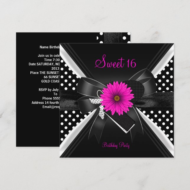 Invitación Cumpleaños Sweet 16 Lunares Negro Blanco Rosa (Anverso / Reverso)