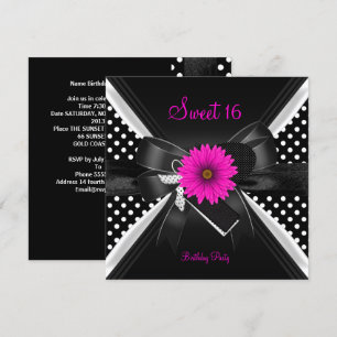 Invitación Cumpleaños Sweet 16 Lunares Negro Blanco Rosa