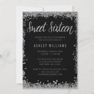 Invitación Cumpleaños Sweet 16 Plata Negro Falso Brillo