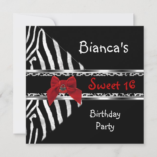 Invitación Cumpleaños Sweet 16 Rojo Plata Negro Cebra Leopard (Anverso)