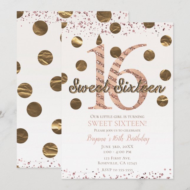 Invitación Cumpleaños Sweet 16 Rosa Oro Bronce Lunares (Anverso / Reverso)