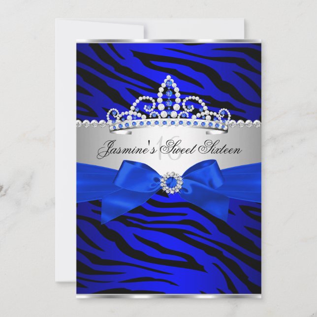 Invitación Cumpleaños Sweet 16 Royal Blue & Black Zebra 2 (Anverso)