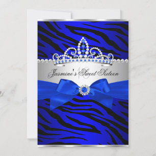 Invitación Cumpleaños Sweet 16 Royal Blue & Black Zebra 2