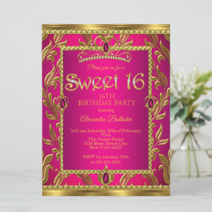 Invitación Cumpleaños Sweet 16 Tiara de joyas rosa caliente d