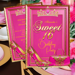 Invitación Cumpleaños Sweet 16 Tiara Tacón Bolso Dorado Rosa