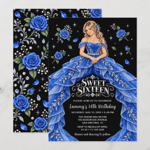 Invitación Cumpleaños Sweet Sixteen Azul Real Plata Rosa