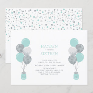 Invitación Cumpleaños Sweet Sixteen con Globos de Plata y Men