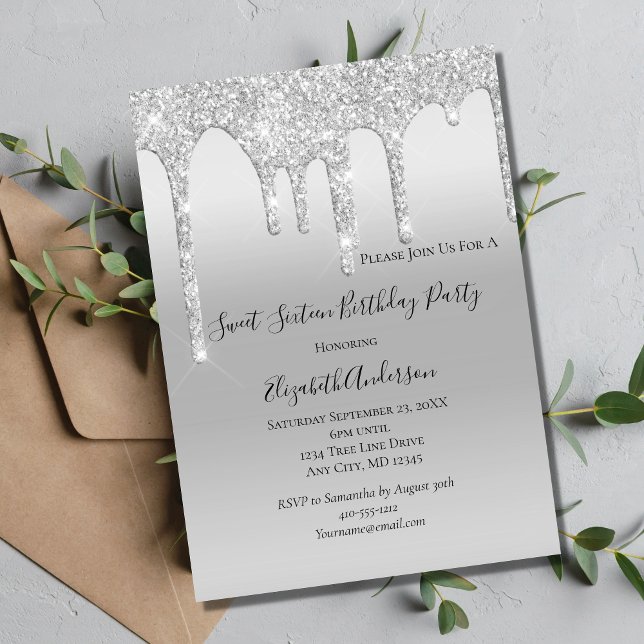 Invitación Cumpleaños Sweet Sixteen con purpurina plateada (Subido por el creador)