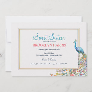 Invitación Cumpleaños Sweet Sixteen con tema de pavo real