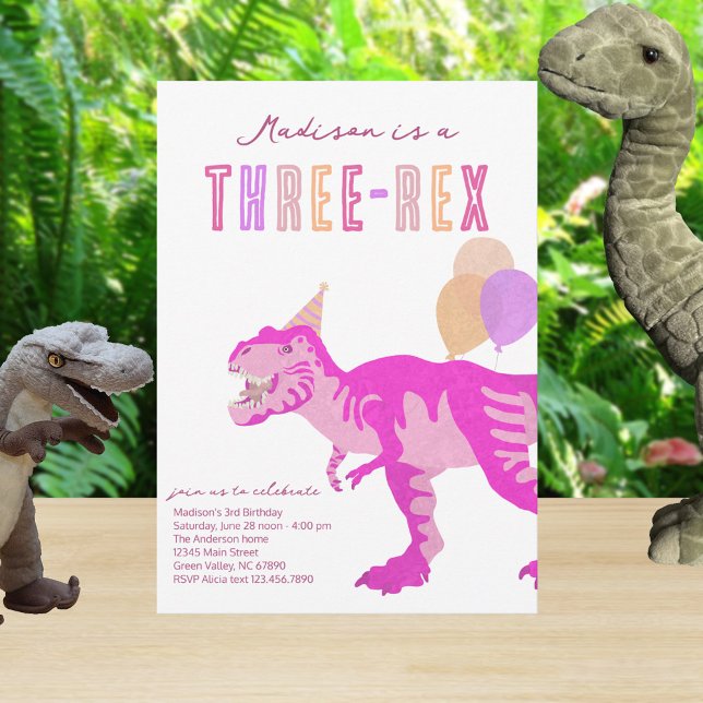 Invitación Cumpleaños T-Rex Rosa Three-Rex Dino Tercero 3 (Easy to personalize for your pink dinosaur birthday party theme)