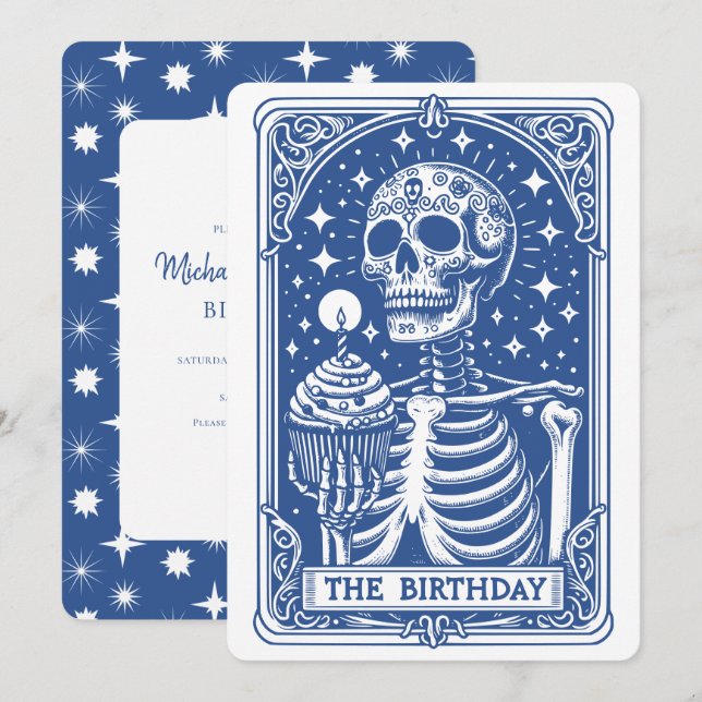 Invitación Cumpleaños Tarot Esqueleto Azul (Anverso / Reverso)